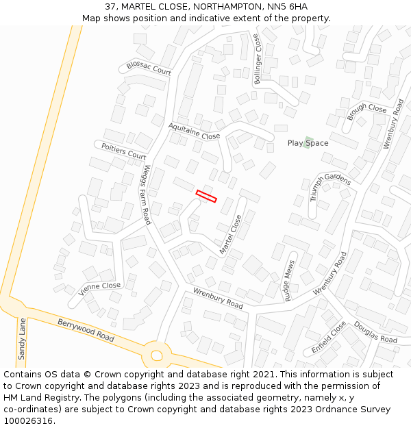 37, MARTEL CLOSE, NORTHAMPTON, NN5 6HA: Location map and indicative extent of plot