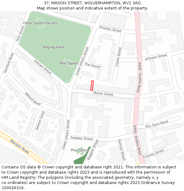 37, MASON STREET, WOLVERHAMPTON, WV2 3AG: Location map and indicative extent of plot