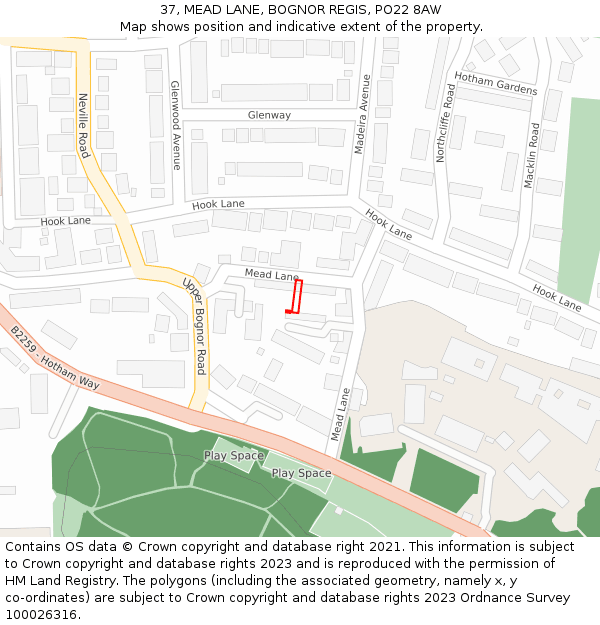 37, MEAD LANE, BOGNOR REGIS, PO22 8AW: Location map and indicative extent of plot