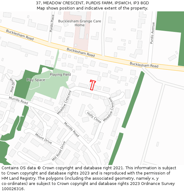 37, MEADOW CRESCENT, PURDIS FARM, IPSWICH, IP3 8GD: Location map and indicative extent of plot