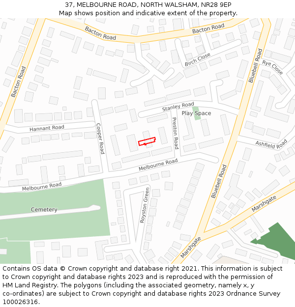 37, MELBOURNE ROAD, NORTH WALSHAM, NR28 9EP: Location map and indicative extent of plot