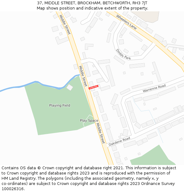 37, MIDDLE STREET, BROCKHAM, BETCHWORTH, RH3 7JT: Location map and indicative extent of plot
