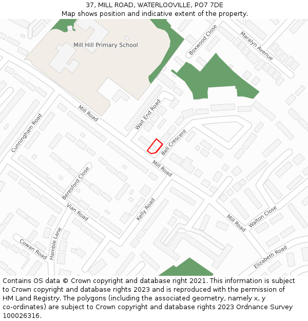37, MILL ROAD, WATERLOOVILLE, PO7 7DE: Location map and indicative extent of plot