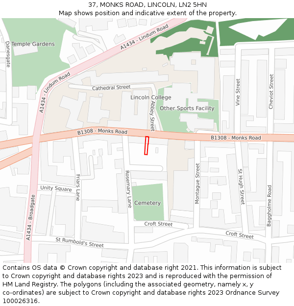 37, MONKS ROAD, LINCOLN, LN2 5HN: Location map and indicative extent of plot