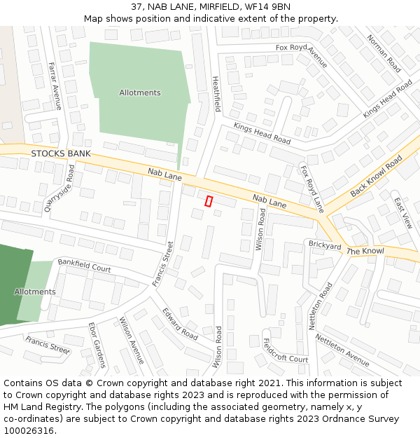 37, NAB LANE, MIRFIELD, WF14 9BN: Location map and indicative extent of plot