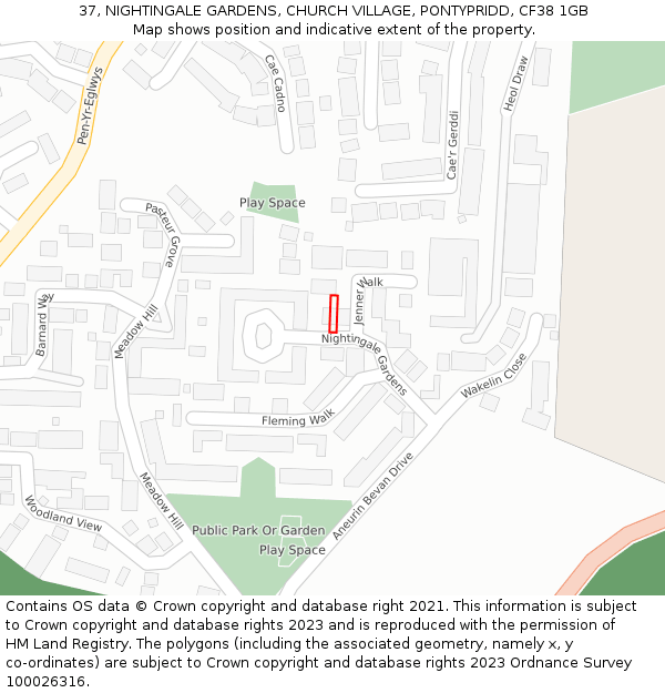37, NIGHTINGALE GARDENS, CHURCH VILLAGE, PONTYPRIDD, CF38 1GB: Location map and indicative extent of plot