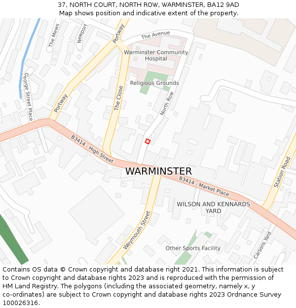 37, NORTH COURT, NORTH ROW, WARMINSTER, BA12 9AD: Location map and indicative extent of plot