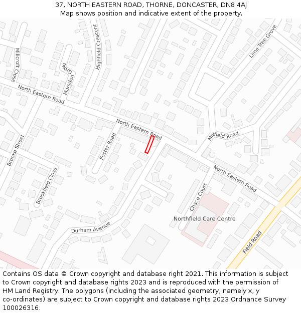 37, NORTH EASTERN ROAD, THORNE, DONCASTER, DN8 4AJ: Location map and indicative extent of plot