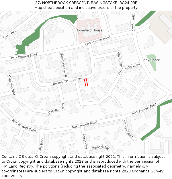 37, NORTHBROOK CRESCENT, BASINGSTOKE, RG24 9RB: Location map and indicative extent of plot