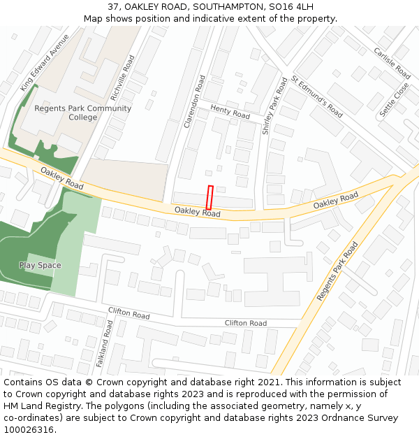 37, OAKLEY ROAD, SOUTHAMPTON, SO16 4LH: Location map and indicative extent of plot