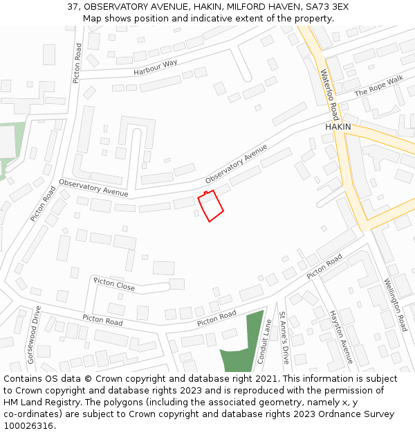37, OBSERVATORY AVENUE, HAKIN, MILFORD HAVEN, SA73 3EX: Location map and indicative extent of plot