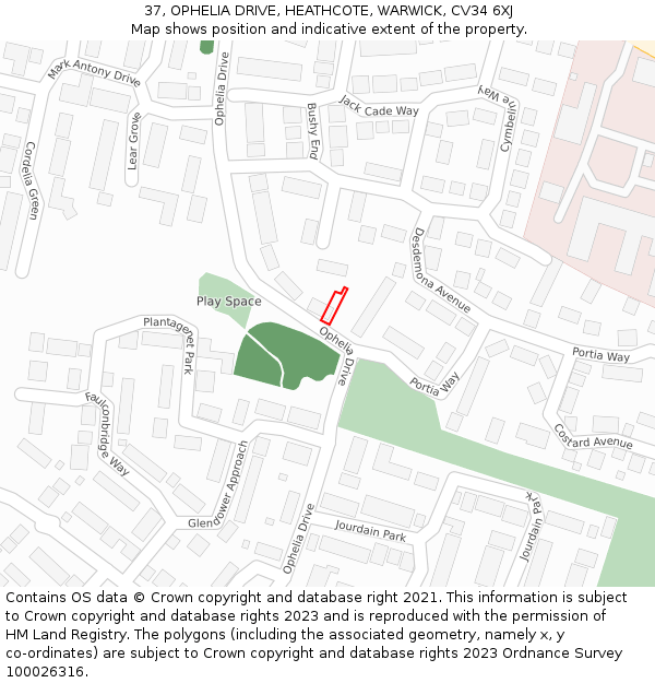 37, OPHELIA DRIVE, HEATHCOTE, WARWICK, CV34 6XJ: Location map and indicative extent of plot