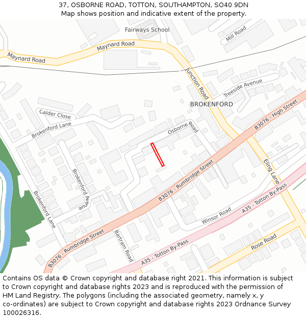 37, OSBORNE ROAD, TOTTON, SOUTHAMPTON, SO40 9DN: Location map and indicative extent of plot