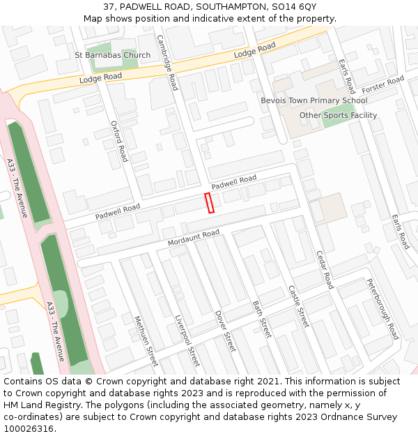 37, PADWELL ROAD, SOUTHAMPTON, SO14 6QY: Location map and indicative extent of plot