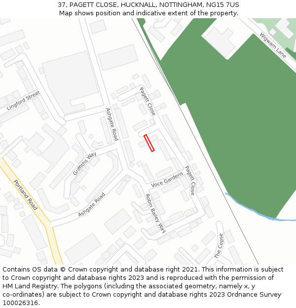 37, PAGETT CLOSE, HUCKNALL, NOTTINGHAM, NG15 7US: Location map and indicative extent of plot