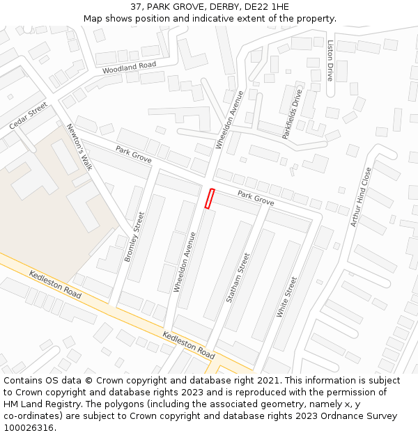 37, PARK GROVE, DERBY, DE22 1HE: Location map and indicative extent of plot