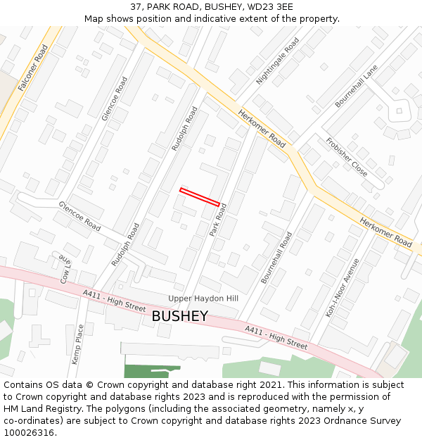 37, PARK ROAD, BUSHEY, WD23 3EE: Location map and indicative extent of plot