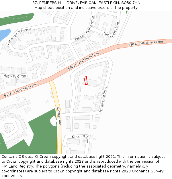 37, PEMBERS HILL DRIVE, FAIR OAK, EASTLEIGH, SO50 7HN: Location map and indicative extent of plot
