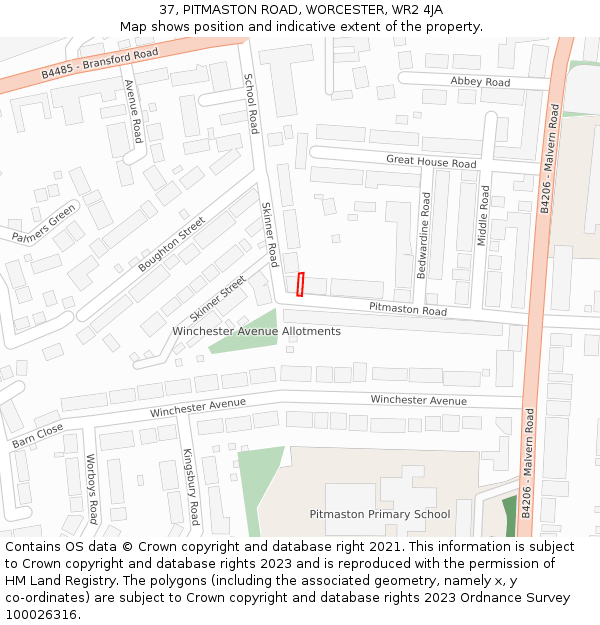 37, PITMASTON ROAD, WORCESTER, WR2 4JA: Location map and indicative extent of plot