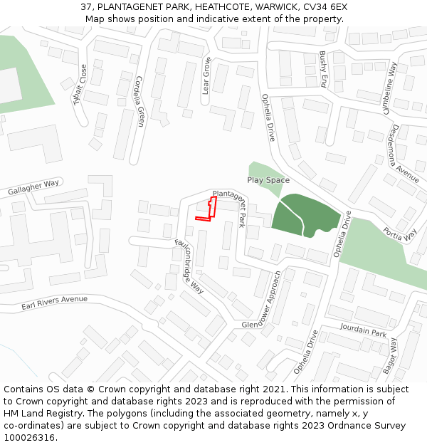 37, PLANTAGENET PARK, HEATHCOTE, WARWICK, CV34 6EX: Location map and indicative extent of plot