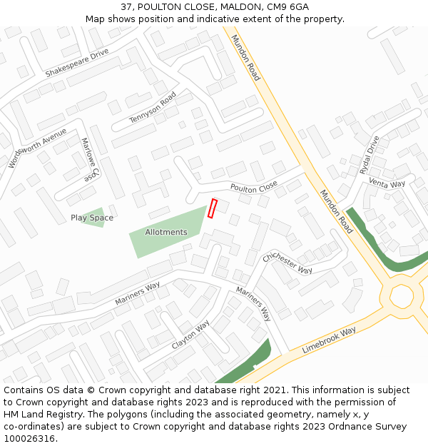 37, POULTON CLOSE, MALDON, CM9 6GA: Location map and indicative extent of plot