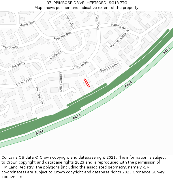 37, PRIMROSE DRIVE, HERTFORD, SG13 7TG: Location map and indicative extent of plot