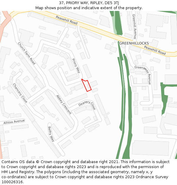 37, PRIORY WAY, RIPLEY, DE5 3TJ: Location map and indicative extent of plot