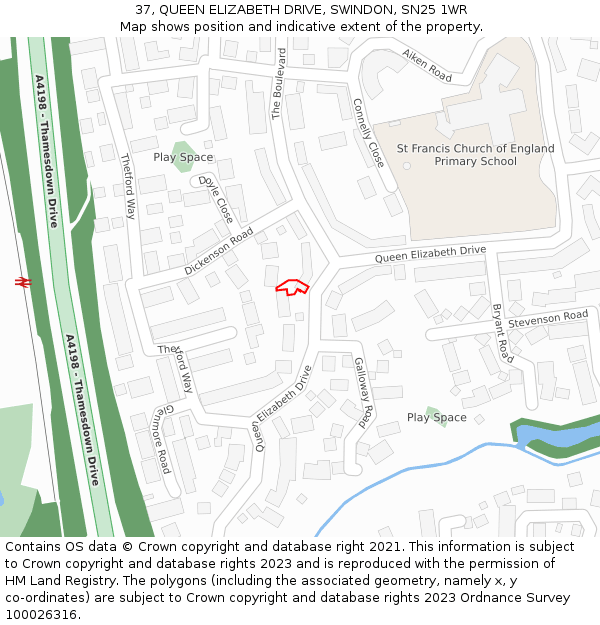 37, QUEEN ELIZABETH DRIVE, SWINDON, SN25 1WR: Location map and indicative extent of plot