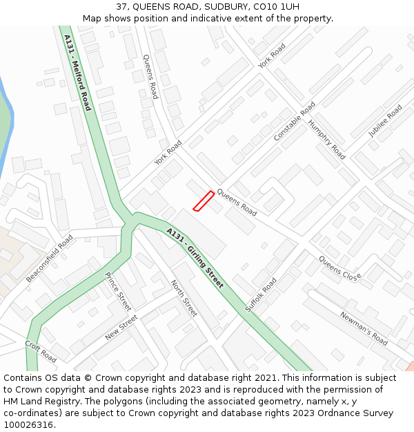 37, QUEENS ROAD, SUDBURY, CO10 1UH: Location map and indicative extent of plot