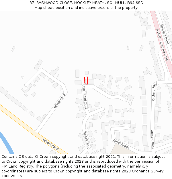 37, RASHWOOD CLOSE, HOCKLEY HEATH, SOLIHULL, B94 6SD: Location map and indicative extent of plot