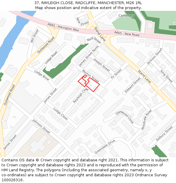 37, RAYLEIGH CLOSE, RADCLIFFE, MANCHESTER, M26 1RL: Location map and indicative extent of plot