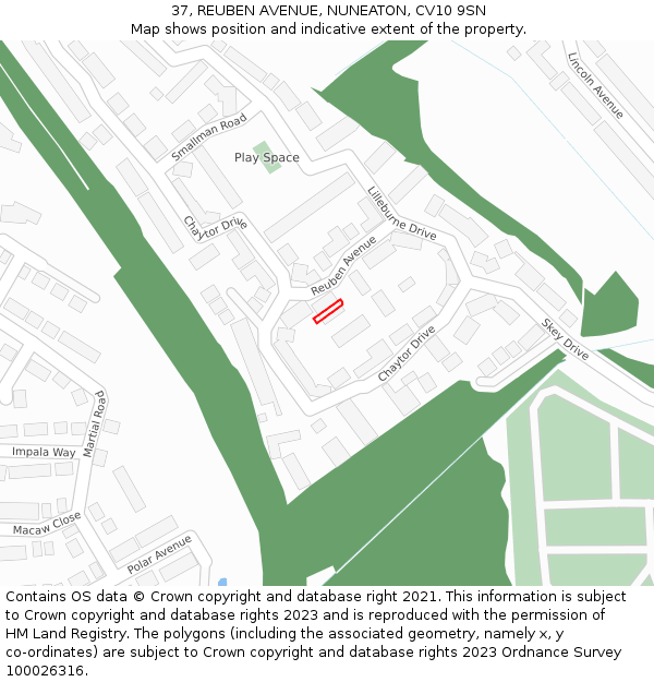 37, REUBEN AVENUE, NUNEATON, CV10 9SN: Location map and indicative extent of plot