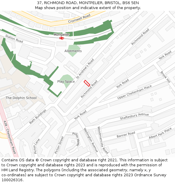 37, RICHMOND ROAD, MONTPELIER, BRISTOL, BS6 5EN: Location map and indicative extent of plot