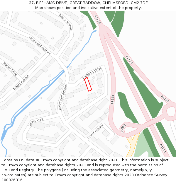 37, RIFFHAMS DRIVE, GREAT BADDOW, CHELMSFORD, CM2 7DE: Location map and indicative extent of plot