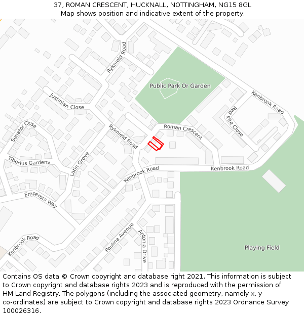 37, ROMAN CRESCENT, HUCKNALL, NOTTINGHAM, NG15 8GL: Location map and indicative extent of plot