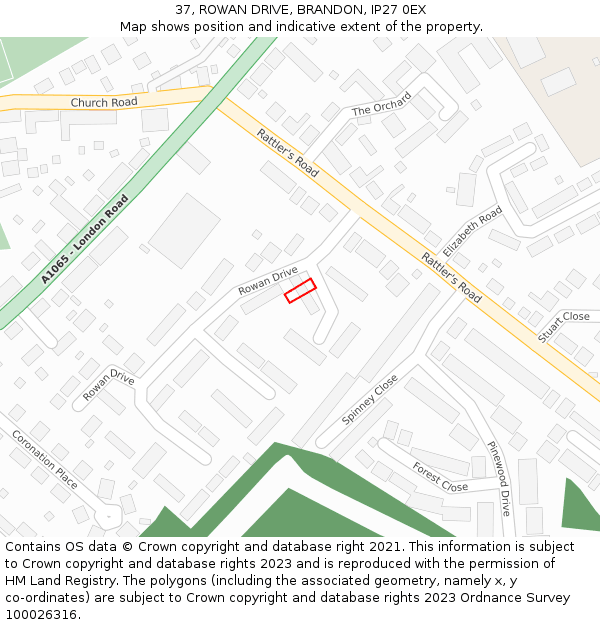 37, ROWAN DRIVE, BRANDON, IP27 0EX: Location map and indicative extent of plot