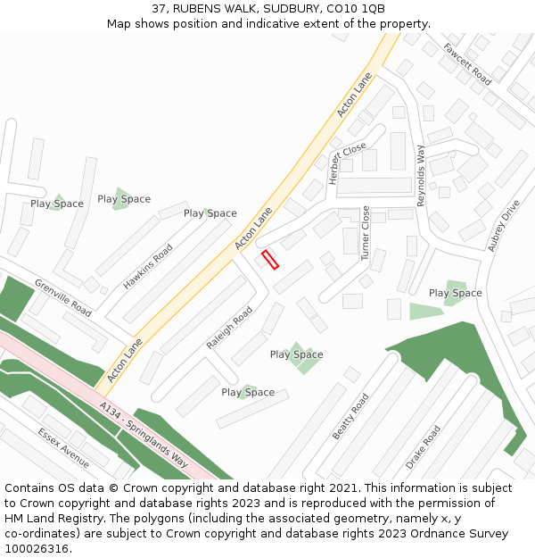 37, RUBENS WALK, SUDBURY, CO10 1QB: Location map and indicative extent of plot