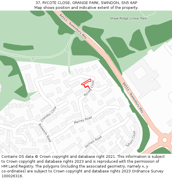 37, RYCOTE CLOSE, GRANGE PARK, SWINDON, SN5 6AP: Location map and indicative extent of plot