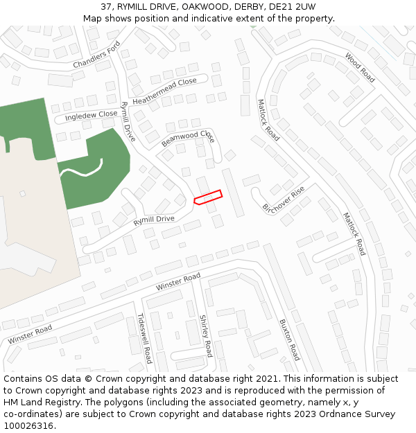 37, RYMILL DRIVE, OAKWOOD, DERBY, DE21 2UW: Location map and indicative extent of plot