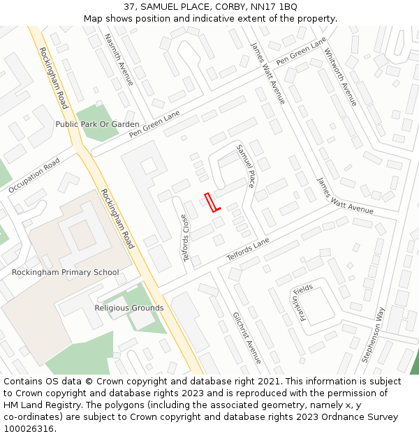 37, SAMUEL PLACE, CORBY, NN17 1BQ: Location map and indicative extent of plot