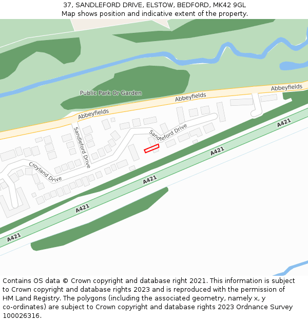 37, SANDLEFORD DRIVE, ELSTOW, BEDFORD, MK42 9GL: Location map and indicative extent of plot