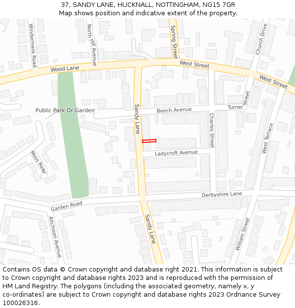 37, SANDY LANE, HUCKNALL, NOTTINGHAM, NG15 7GR: Location map and indicative extent of plot