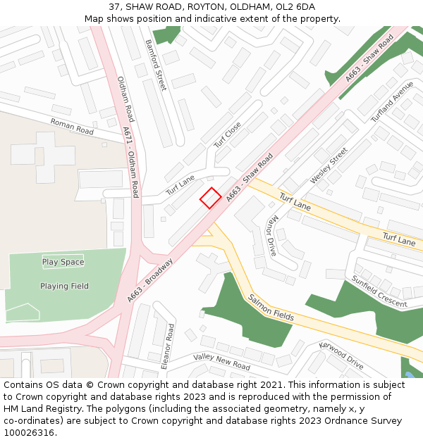 37, SHAW ROAD, ROYTON, OLDHAM, OL2 6DA: Location map and indicative extent of plot
