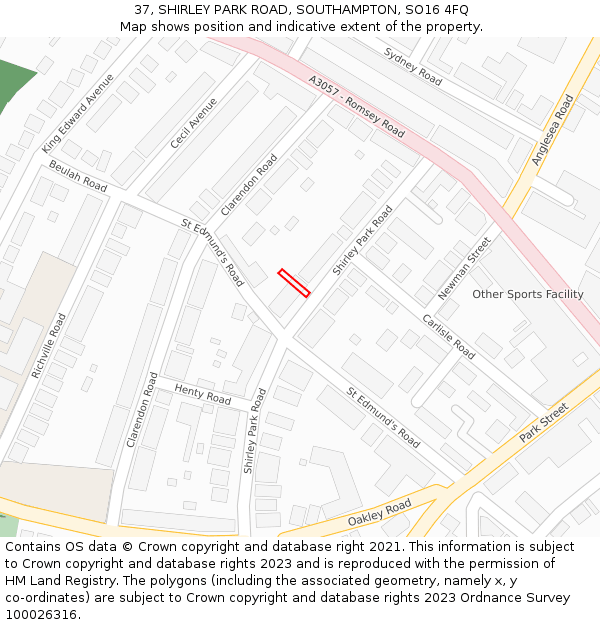 37, SHIRLEY PARK ROAD, SOUTHAMPTON, SO16 4FQ: Location map and indicative extent of plot