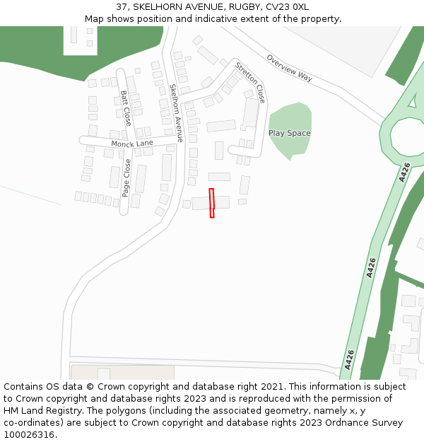 37, SKELHORN AVENUE, RUGBY, CV23 0XL: Location map and indicative extent of plot