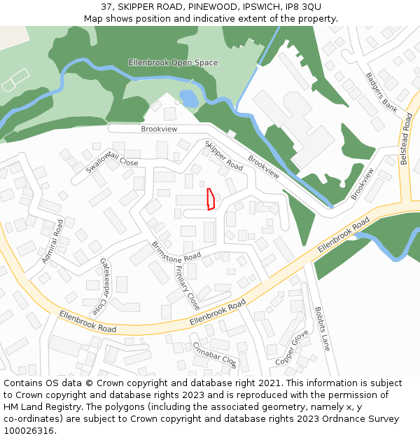 37, SKIPPER ROAD, PINEWOOD, IPSWICH, IP8 3QU: Location map and indicative extent of plot