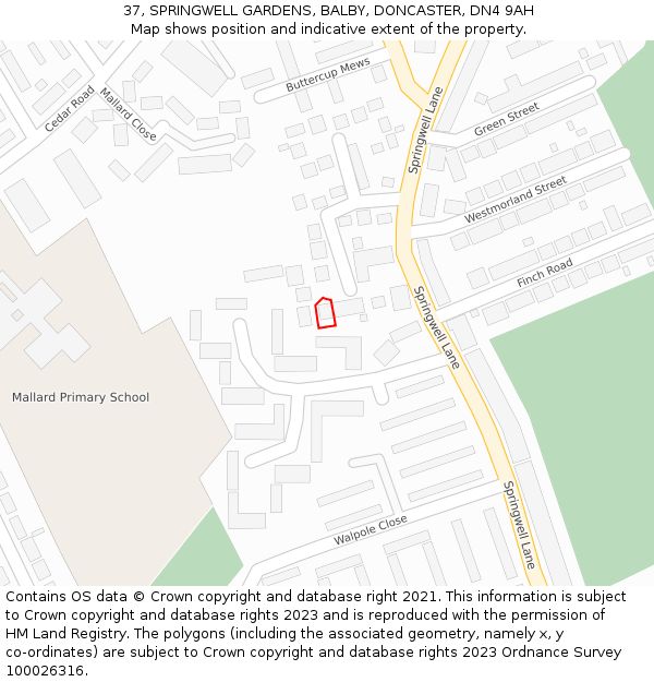 37, SPRINGWELL GARDENS, BALBY, DONCASTER, DN4 9AH: Location map and indicative extent of plot