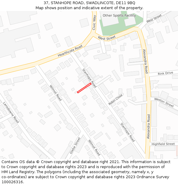37, STANHOPE ROAD, SWADLINCOTE, DE11 9BQ: Location map and indicative extent of plot