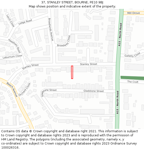 37, STANLEY STREET, BOURNE, PE10 9BJ: Location map and indicative extent of plot