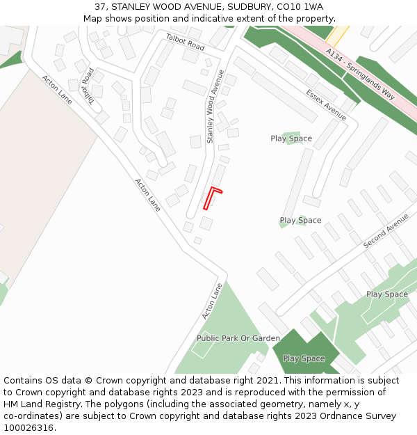 37, STANLEY WOOD AVENUE, SUDBURY, CO10 1WA: Location map and indicative extent of plot